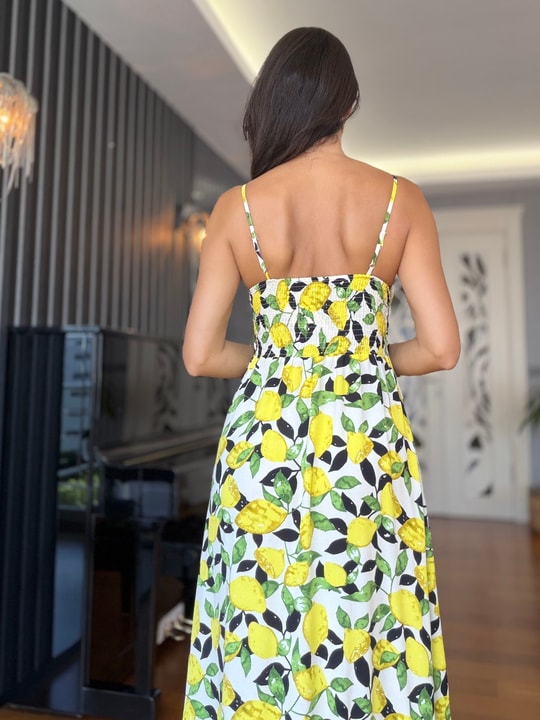 Sarı Limon Desenli Askılı Maxi Elbise