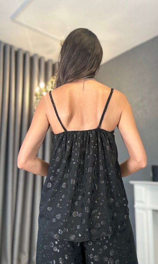 Simli Şifon Askılı Siyah Bluz