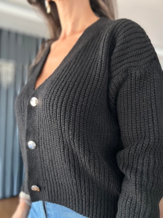 Black Double Layer Wool Cardigan