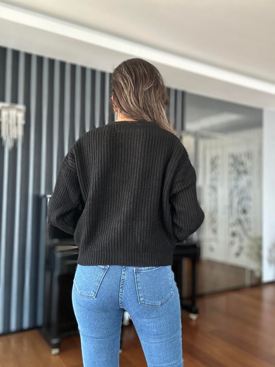 Black Double Layer Wool Cardigan