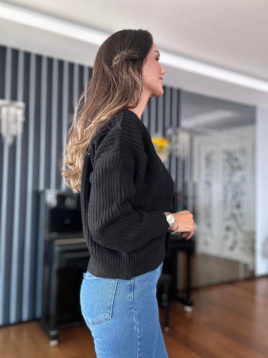 Black Double Layer Wool Cardigan