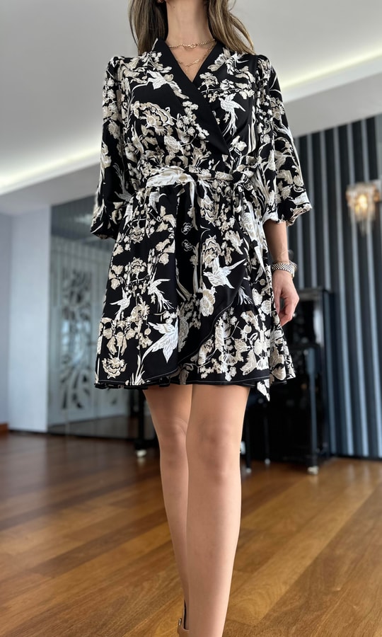 Siyah Desenli Anvelop  Mini Elbise