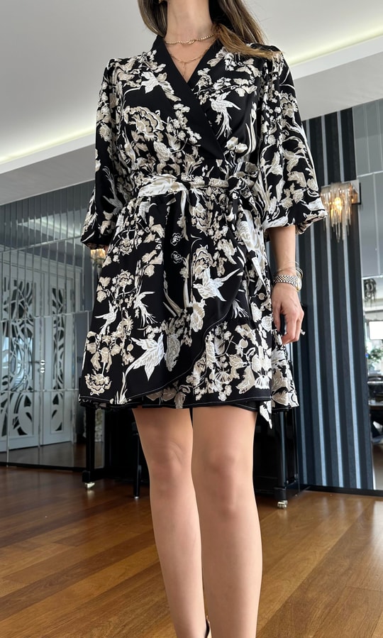 Siyah Desenli Anvelop  Mini Elbise
