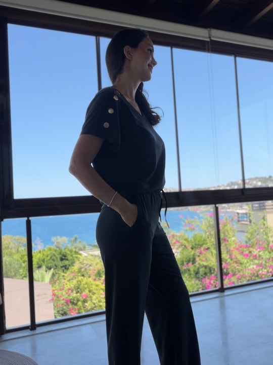 Siyah Gold Detaylı Tensel Bluz  Pantolon Takım