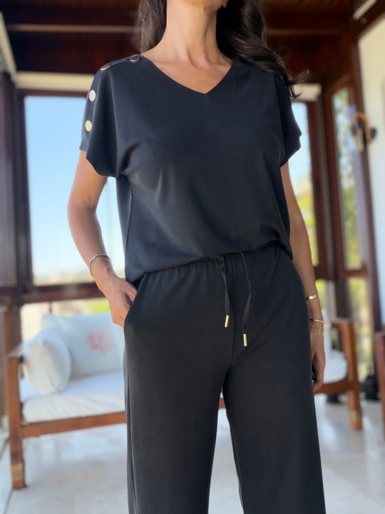 Siyah Gold Detaylı Tensel Bluz  Pantolon Takım
