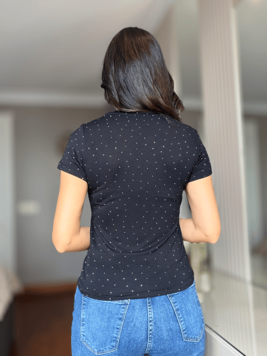 Siyah Komple Taşlı Modal Tişört