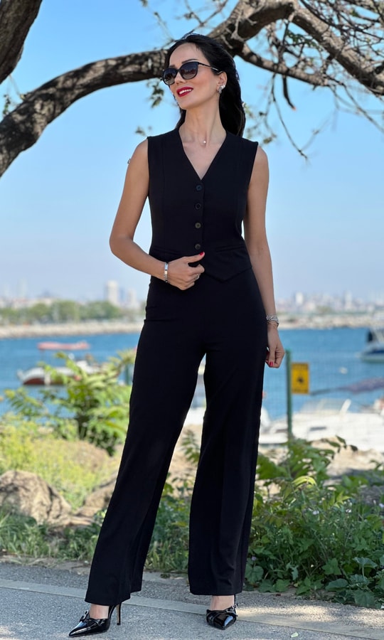 Siyah Krep Kumaş Yelek