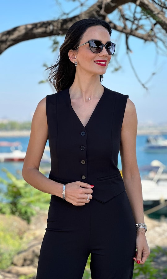 Siyah Krep Kumaş Yelek
