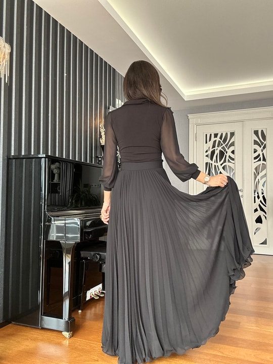 Siyah Şifon Piliseli  Maxi Etek