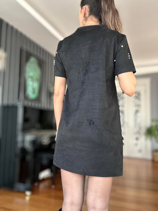 Siyah Taşlı Süet  Elbise
