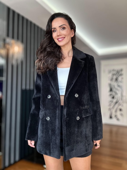 Siyah Tüylü Kaşe Oversize Ceket