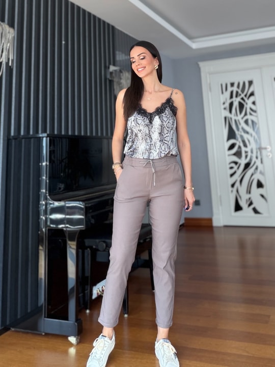 Vizon Beli Lastikli Duble Paça Likralı  Pantolon