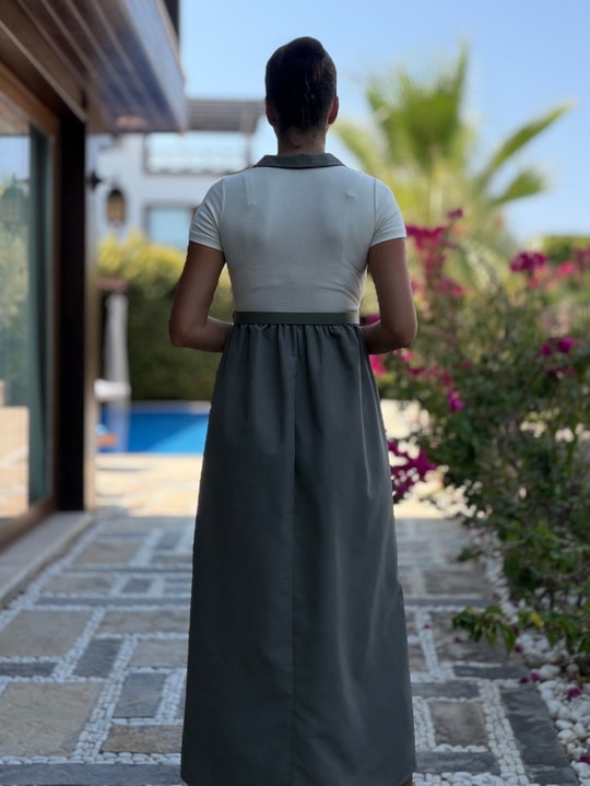Yeşil Bej Gömlek Yaka Kemerli Elbise