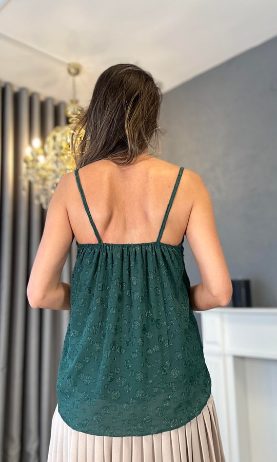 Zümrüt Yeşili Simli Şifon Askılı Bluz