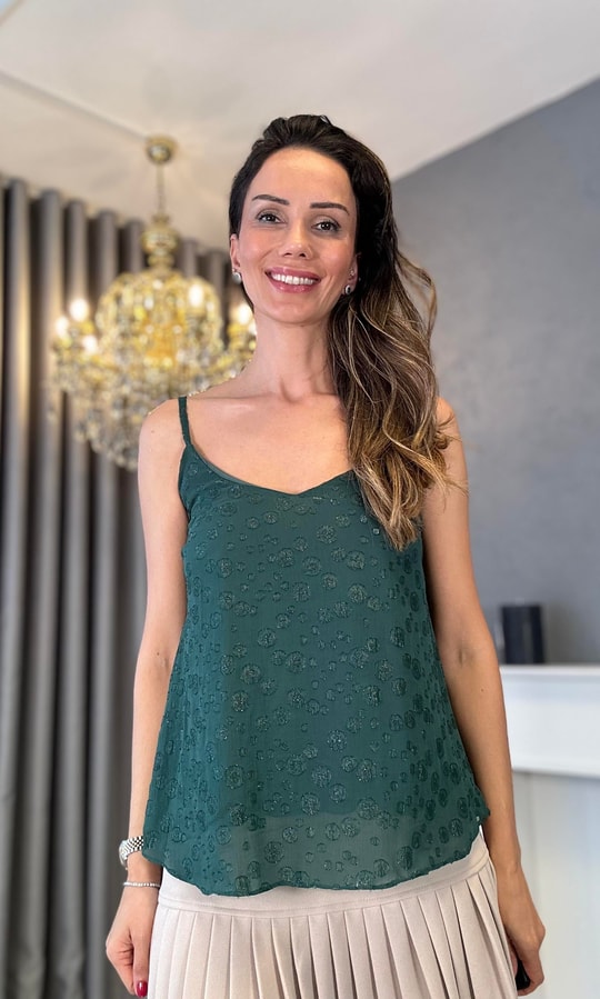 Zümrüt Yeşili Simli Şifon Askılı Bluz