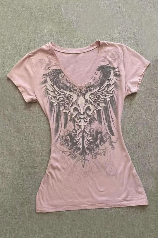  Pembe Gothic Wing Y2K Kısa Kollu Crop