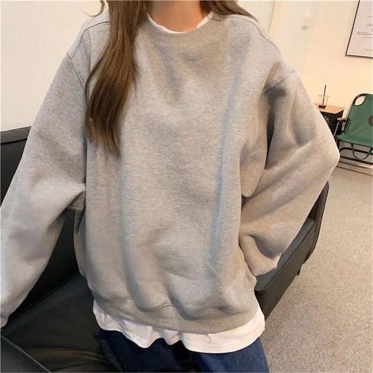 Düz Gri Melanj Orta Kalınlıkta Kumaş Oversize Unisex Uzun Kollu