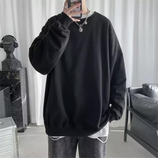 Oversize Düz Siyah Orta Kalın Kumaş Oversize Unisex Uzun Kollu