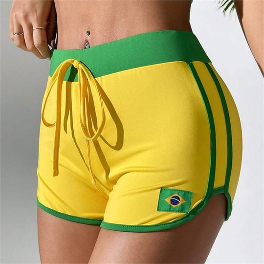 Sarı Vintage Brasil Yeşil Şeritli Biyeli Kısa Şort