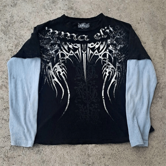 Siyah Gothic Punk MMA Elite Beyaz Kollu Cyber Grunge Unisex T-shirt