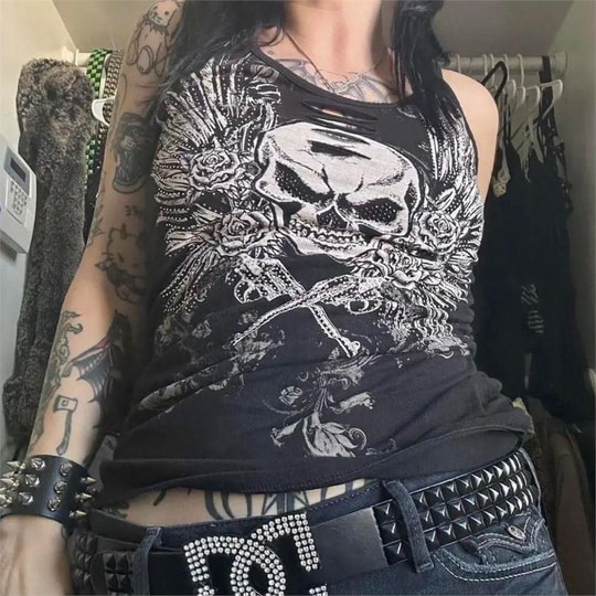 Siyah Gotik Vintage Skull Wings Cyber Grunge Full Body Askılı Crop