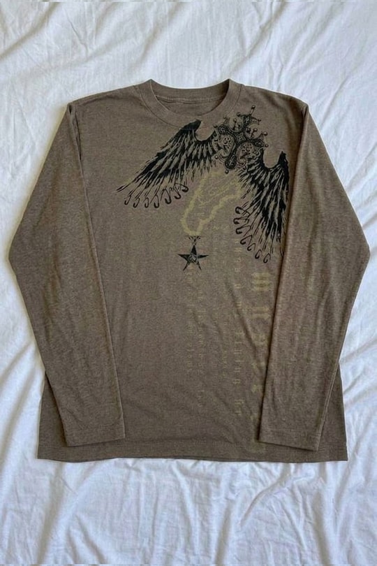Açık Kahverengi Retro Redemption Cross Cyber Grunge Y2K Crop Sweatshirt