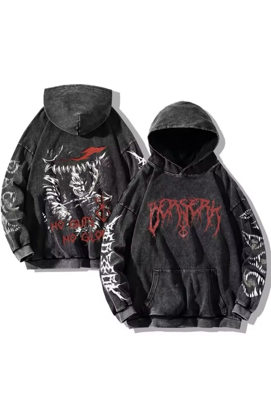 Anime Berserk No Guts No Glory Yıkamalı Kumaş Kapüşonlu Unisex Sweatshirt