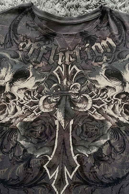 Antrasit Affliction Double Skull Cross Y2K Unisex T-Shirt