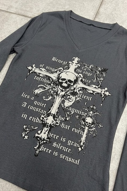 Antrasit Gotik Cross Skull Y2K Uzun Kollu Crop