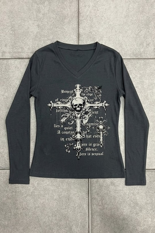 Antrasit Gotik Cross Skull Y2K Uzun Kollu Crop