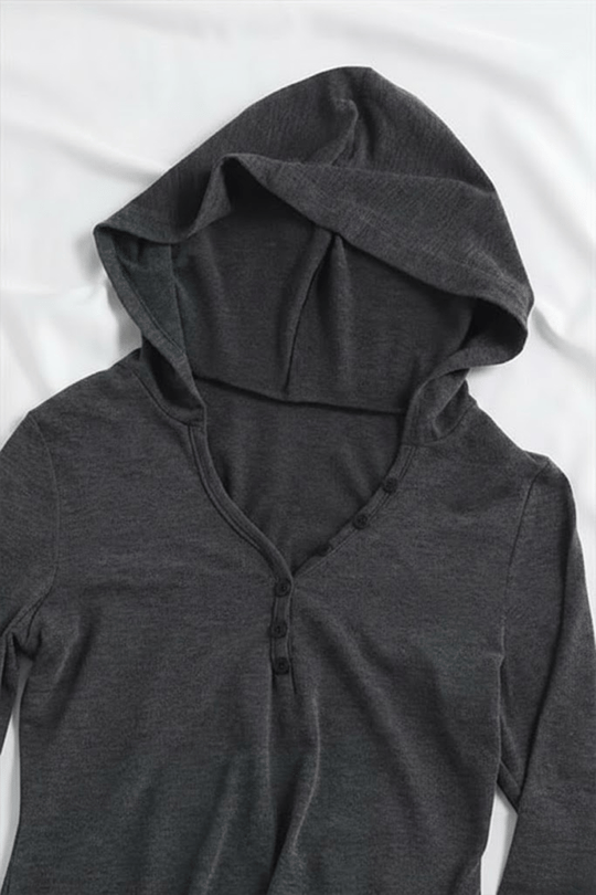 Antrasit Henley Yaka Y2K Kapüşonlu Uzun Kollu Crop