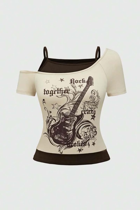 Bej Rock Together Brown Guitar Ek Askılı Kısa Kollu Full Body Crop