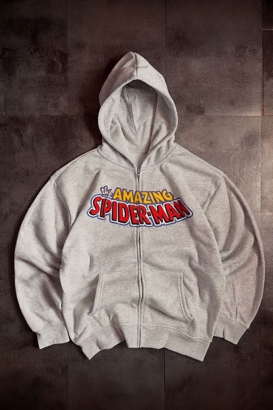 Gri Melanj Amazing Spider Cartoon Sırt Baskılı Unisex Hırka