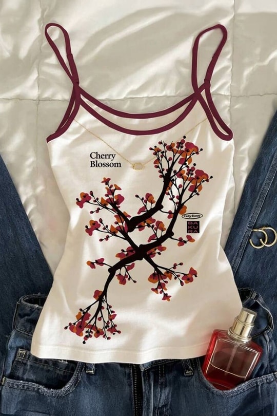 Beyaz Cherry Blossom Kırmızı Şerit Yaka Y2K Kısa Kollu Crop
