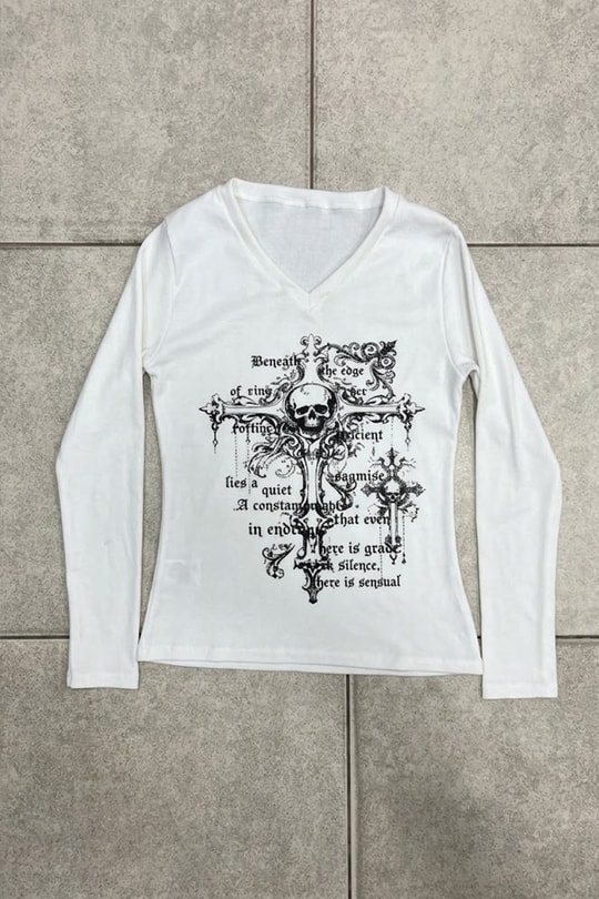 Beyaz Gotik Cross Skull Y2K Uzun Kollu Crop