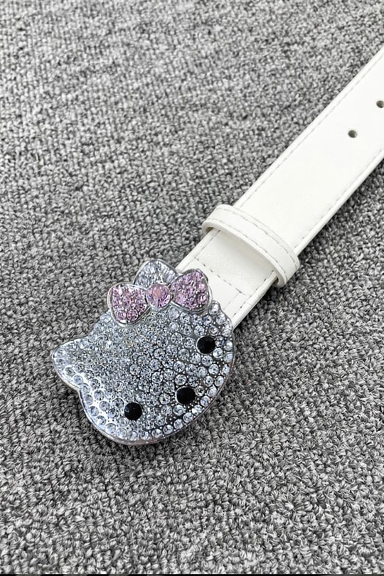 Beyaz Hello Kitty Taşlı Deri Kemer