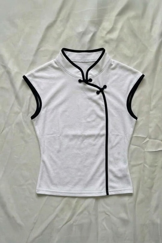 Beyaz Mandarin Yaka Siyah Şeritli Qipao Y2K Kısa Kollu Crop