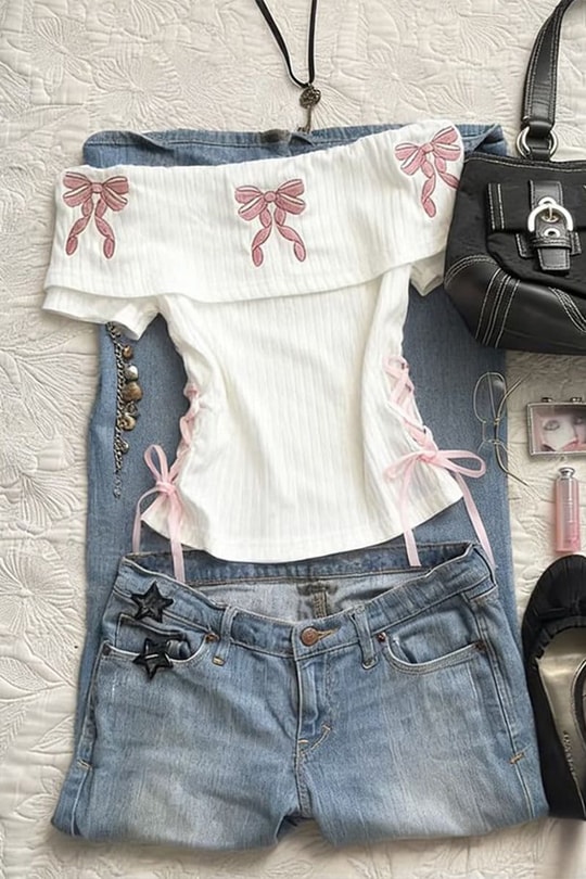 Beyaz Pembe Fiyonklu Harajuku Y2K Kısa Kollu Crop