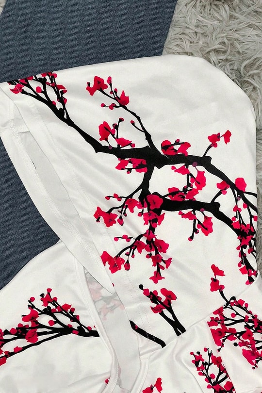 Beyaz Sakura Kapüşonlu Harajuku Y2K Uzun Kollu Crop
