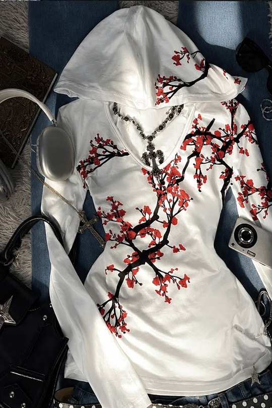 Beyaz Sakura Kapüşonlu Harajuku Y2K Uzun Kollu Crop