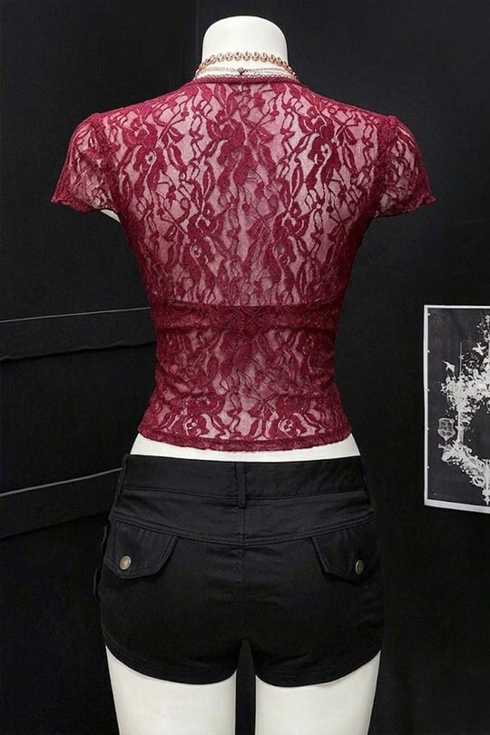 Bordo Dantelli Bağlamalı Bolero Y2K Kısa Kollu Crop