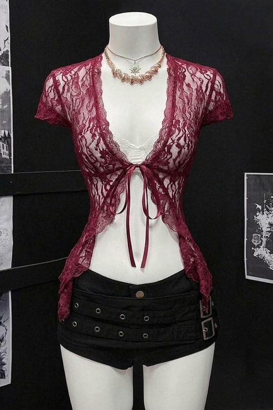 Bordo Dantelli Bağlamalı Bolero Y2K Kısa Kollu Crop