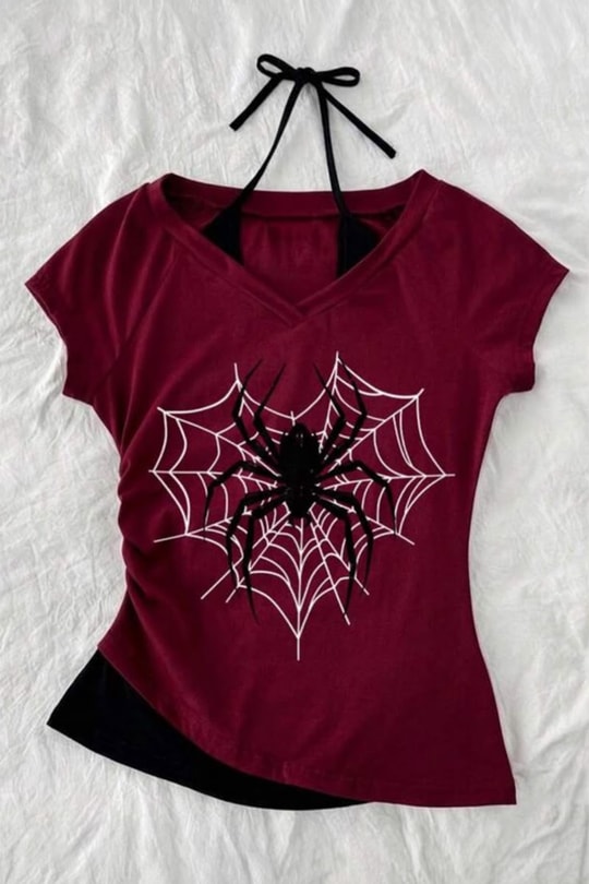 Bordo Heart Gotik Spider Harajuku Ek Askılı Y2K Kısa Kollu Crop