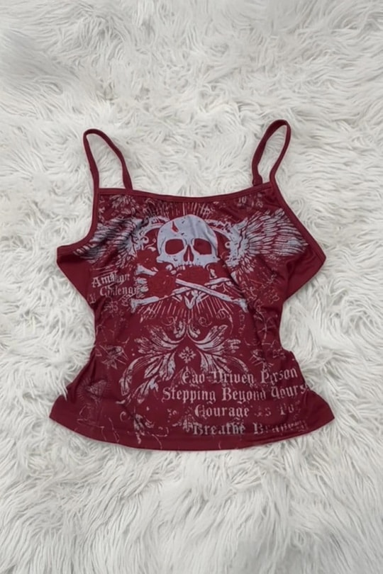 Bordo Skull Ambition Gotik Rose Grunge Y2K Askılı Crop