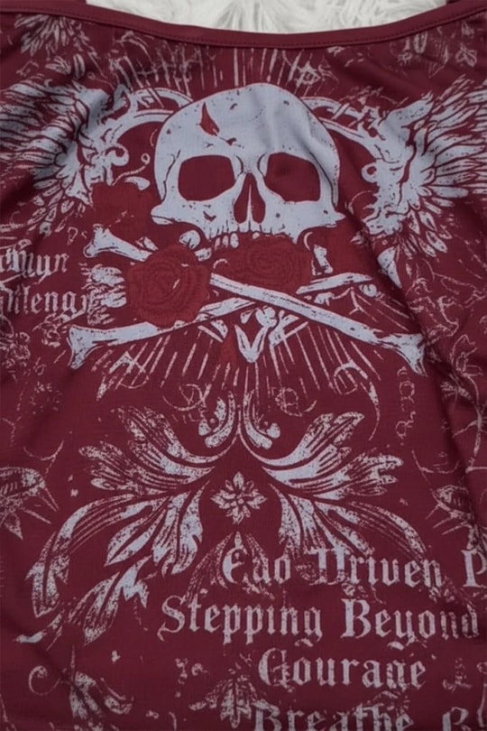 Bordo Skull Ambition Gotik Rose Grunge Y2K Askılı Crop