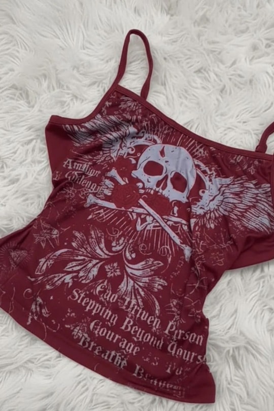 Bordo Skull Ambition Gotik Rose Grunge Y2K Askılı Crop