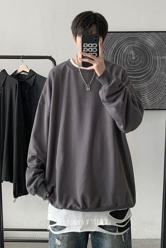 Düz Füme Orta Kalınlıkta Kumaş Oversize Unisex Uzun Kollu