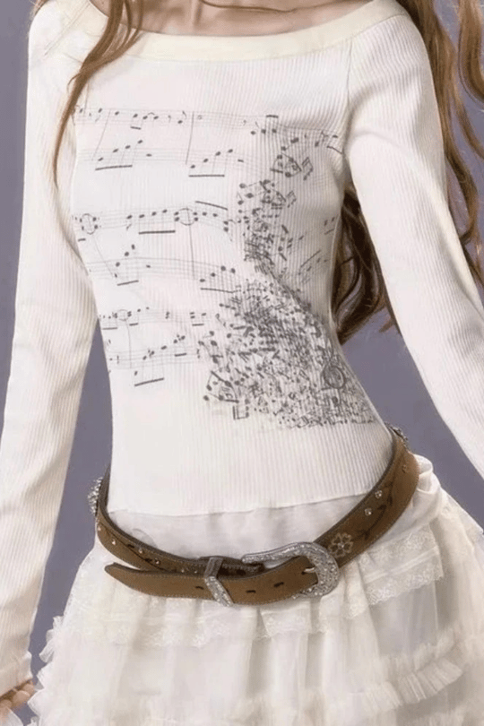 Ekru Nota Desenli Y2K Uzun Kollu Crop