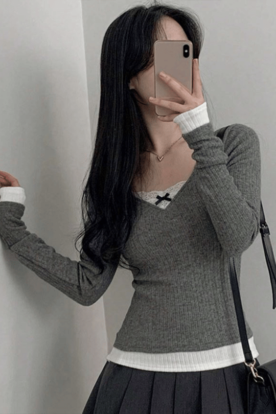 Füme Dantelli Fiyonklu Ekli Y2K Uzun Kollu Crop 