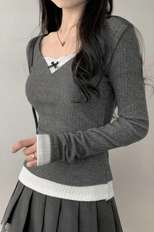 Füme Dantelli Fiyonklu Ekli Y2K Uzun Kollu Crop 